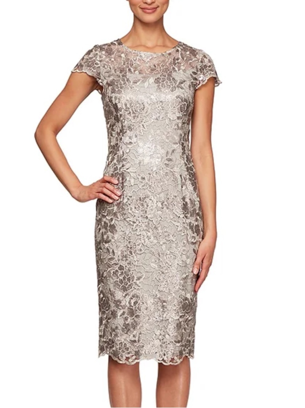 Alex Evenings Short Cap Sleeve Sequin Embroidered Sheath Dress Taupe